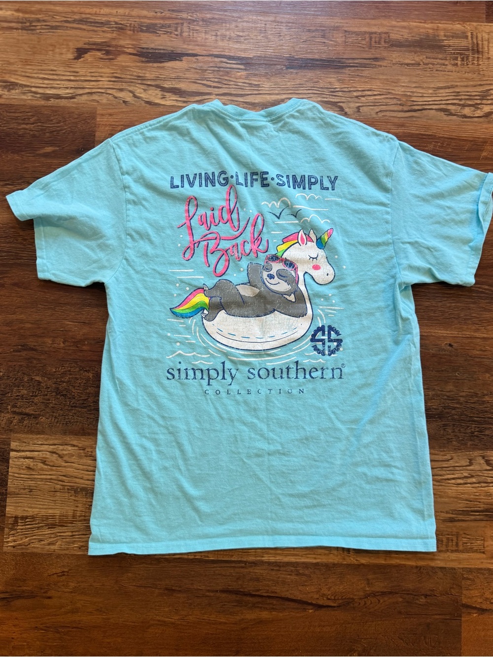 Simply Southern Aqua “Laid Back”Sloth Logo Crewneck Tee